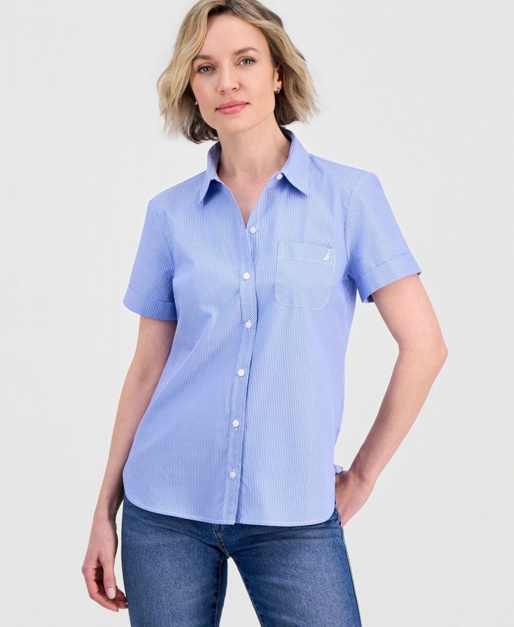 Nautica Women's Newport Stripe Cotton Camp Shirt Blue Size XL 3963